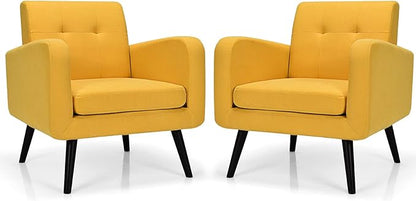 Giantex Upholstered Accent Chair Set of 2, Modern Mid Century Linen Fabric Living Room Chair with Arms, Max Load 265 Lbs, Comfy Tufted Single Sofa for Reading, Bedroom, Office, Club, Yellow
