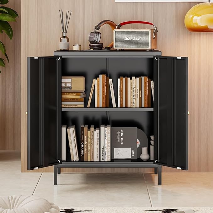 Small Storage Cabinet, Metal Cabinets with Doors and Shelves, Low Cabinet with high feet and Locker, Coffee Bar with Storage, Modern Accent Cabinets for Home,Office,Kitchen,Bathroom,Dining Room