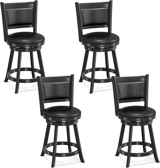 COSTWAY Bar Stools Set of 4, 360 Degree Swivel, 24" Accent Wooden Swivel Seat Counter Height Bar Stool, Leather Upholstered Design, PVC Cushioned Seat, Perfect for Dining and Living Room (Height 24")
