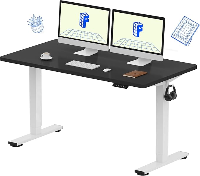 FLEXISPOT EN1 One Piece Standing Desk, 55 x 28 Inch Desktop Electric Adjustable Height Desk for Home Office and Computer Workstation (White Frame + Black Top, 2 Packages)