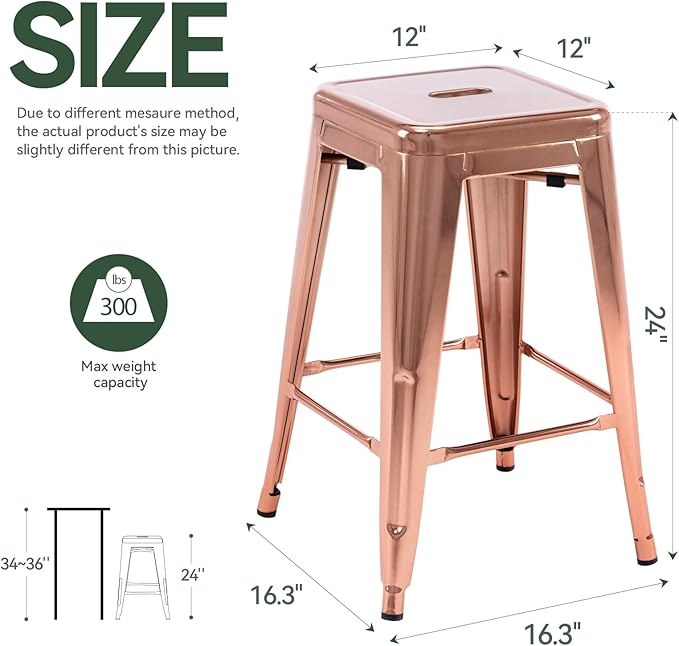 Vogue Furniture Direct 24" Bar Stools Backless Metal Barstools Indoor-Outdoor Counter Height Stools with Square Seat, Set of 4 (Rose Gold)
