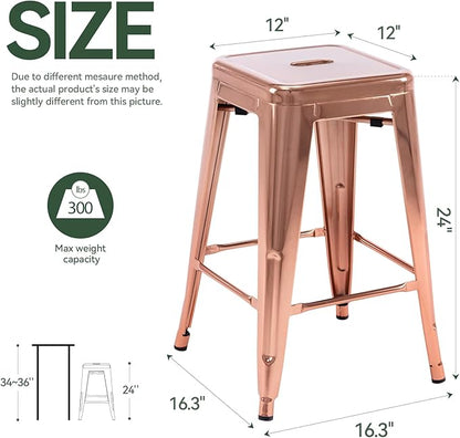 Vogue Furniture Direct 24" Bar Stools Backless Metal Barstools Indoor-Outdoor Counter Height Stools with Square Seat, Set of 4 (Rose Gold)