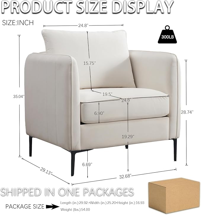 Velvet Accent Chair, Comfy Upholstered Single Sofa Chair Mid-Century Modern Armchair with Thick Cushion and Wood Frame Side Chair for Living Room Bedroom Apartment (Ivory)