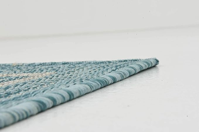 Unique Loom Outdoor Border Collection Area Rug - Soft Border (2'x 6' 1" Runner, Aquamarine/ Ivory)
