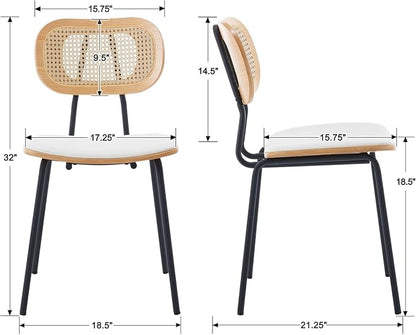 Mid-Century Modern Rattan Cane Back Dining Chairs Set of 6 — PU Leather Upholstered Seat, Black Metal Legs, Kitchen Side Chairs for Kitchen & Dining Room, White