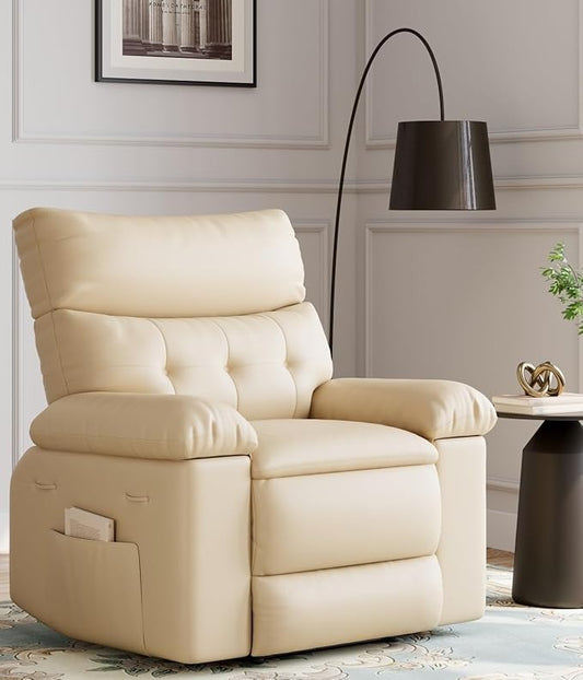 GarveeHome Oversized Recliner Chairs, Classic Manual Leather Recliner, Home Theater Seating with Lumbar & Arms Support for Living Room, Bedroom and Nursery - Beige