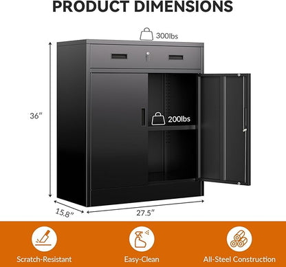 BESFUR 36" H Metal Cabinet with Lockable Drawer and 2 Lockable Doors, Black Locking Cabinet with Adjustable Shelf, Lockable Storage Cabinet for Home Office, Garage,School, Warehouse, Utility Room
