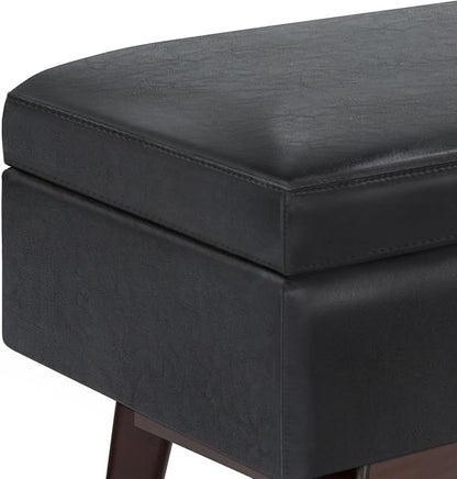 SIMPLIHOME Owen 48 inch Wide Mid Century Modern Rectangle Rectangular Storage Ottoman in Midnight Black Vegan Faux Leather, Assembled, for the Living Room, Entryway and Family Room