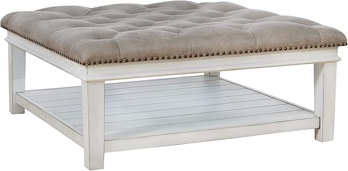 Signature Design by Ashley Kanwyn French Country Upholstered Square Ottoman Coffee Table, Whitewash