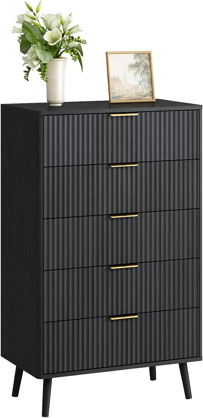 CARPETNAL Fluted 5 Drawers Dresser for Bedroom, 45" Tall Wooden Chest of Drawers with Rounded Corners, Gold Handles, Modern Storage Organizer for Bedroom, Hallway (Black)