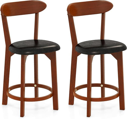 COSTWAY Bar Stool Set of 2, 23.5'' Counter Height Barstools w/Curved Backrest, Faux Leather Cushion & Rubber Wood Frame, Mid Century Modern Island Chairs for Kitchen Bar Cafe, Walnut