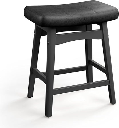 ALPHA HOME Bar Stool, Solid Wood Saddle Kitchen Stool with Black PU Leather Cushion Counter Height Barstool with Wooden Base for Kitchen Dining Cafe, 24 Inch, Black, 1PC…