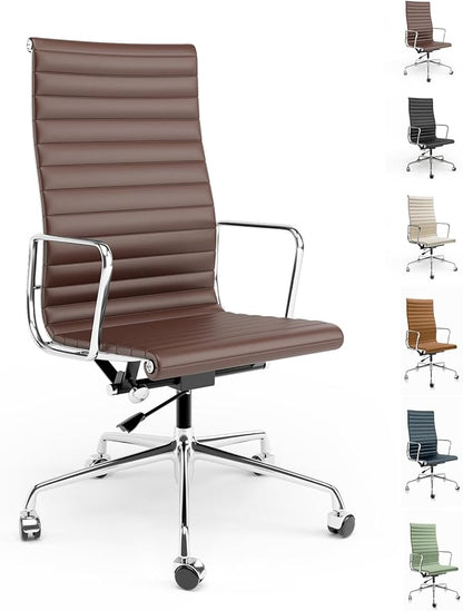 High Back Genuine Leather Ribbed Office Chair-Ergonomic Desk Chair with Aluminum Alloy Armrest & Frame, Swivel Silent Wheels & Tilt Function, Adjustable Height
