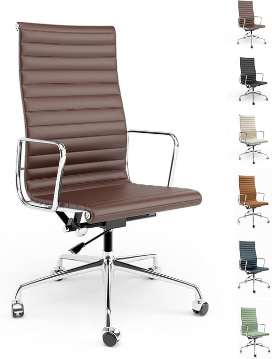 High Back Genuine Leather Ribbed Office Chair-Ergonomic Desk Chair with Aluminum Alloy Armrest & Frame, Swivel Silent Wheels & Tilt Function, Adjustable Height