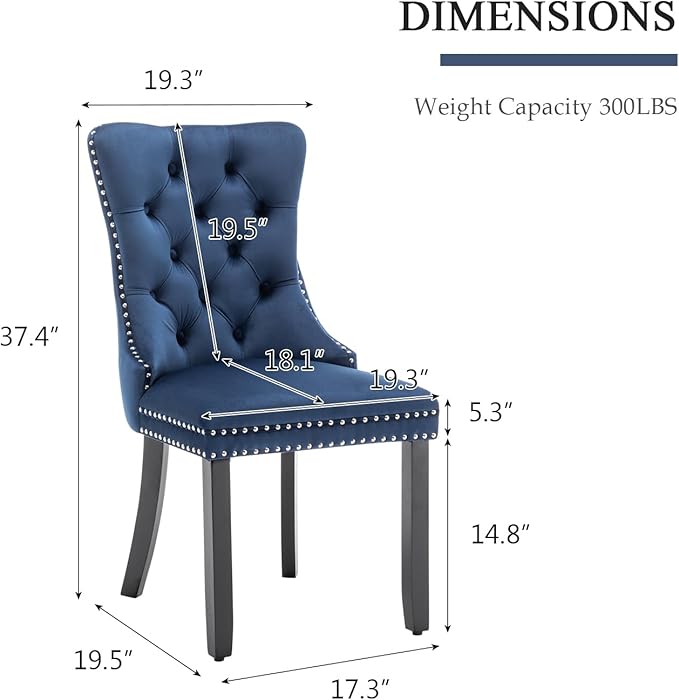 Velvet Dining Chairs Set of 4, Upholstered Dining Room Chairs with Nailhead Ring Pull Trim, Button Tufted Wing Back Chairs for Dining with Solid Wood Legs for Kitchen Dining Room(Blue)