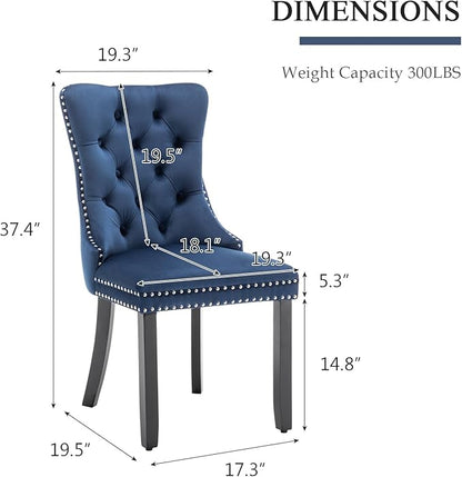 Velvet Dining Chairs Set of 4, Upholstered Dining Room Chairs with Nailhead Ring Pull Trim, Button Tufted Wing Back Chairs for Dining with Solid Wood Legs for Kitchen Dining Room(Blue)