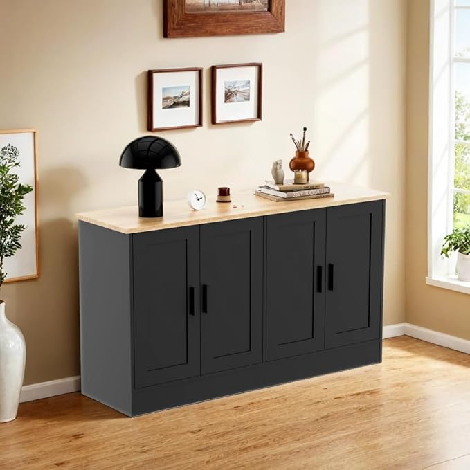 Black Sideboard Buffet with 4 Doors, Accent Coffee Bar, Kitchen Cabinet for Living Room, Kitchen or Hallway