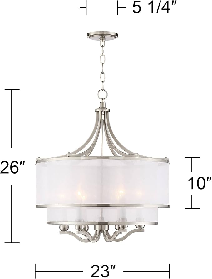 Possini Euro Design Luxe Nickel Pendant Light - 6 Light, Brushed Nickel Finish, White Organza Shade, Luxe Modern Pendant for Kitchen Islands, Dining Rooms, and Living Rooms - 26" Wide, 23" High