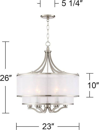 Possini Euro Design Luxe Nickel Pendant Light - 6 Light, Brushed Nickel Finish, White Organza Shade, Luxe Modern Pendant for Kitchen Islands, Dining Rooms, and Living Rooms - 26" Wide, 23" High