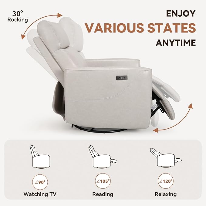 Himimi Power Massage Recliner Chair, Oversized Swivel Rocker Chair with Massage and Heat, Glider Recliner for Adults, USB Charging, Side Pocket, Nursery, Living Room, Bedroom, Ivory