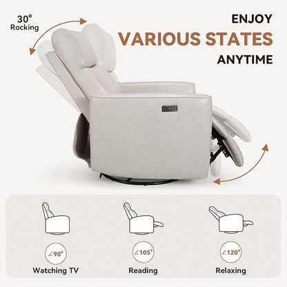 Himimi Power Massage Recliner Chair, Oversized Swivel Rocker Chair with Massage and Heat, Glider Recliner for Adults, USB Charging, Side Pocket, Nursery, Living Room, Bedroom, Ivory