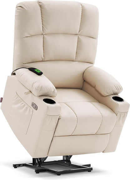MCombo Large Dual Motor Power Lift Recliner Chair for Elderly, Massage and Heat, Lay Flat, Zero Gravity, Home Button, USB Port, Faux Leather 7680 (Cream White, Large)