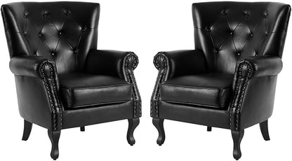 MOJAY PU Leather Accent Chair Set of 2, Modern Armchair Living Room Chair, Upholstered Club Chair with Rivet Trim, Mid-Century Sofa Chair with Sturdy Wood Legs for Bedroom (Black)