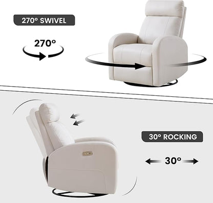 Power Swivel Rocker Recliner, Faux Leather Rocking Recliner Chair with USB Port, Swivel Glider Reclining Chair Nursery Recliners for Living Room, Beige