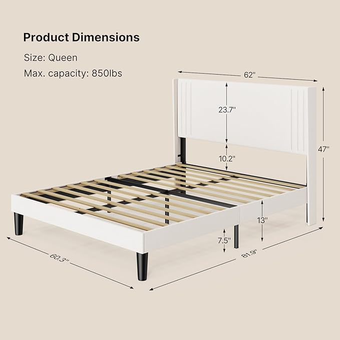 Gizoon Queen Bed Frame with Wingback Headboard, Upholstered Platform Bed with Modern Geometric Headboard, Wooden Slats, Noise-Free, No Box Spring Needed