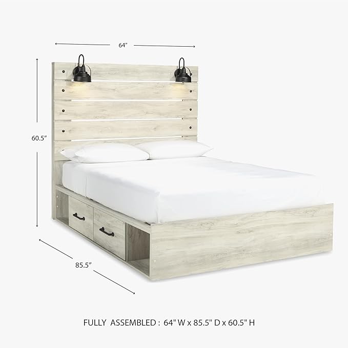 Signature Design by Ashley Cambeck Farmhouse Queen Panel Platform Bed with 4 Storage Drawers, Cubbies, Sconce Lights and USB Ports, Foundation or Box Spring Not Needed, Whitewash