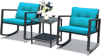 COSTWAY 3 Pieces Patio Rattan Rocking Chair Set, Outdoor Conversation Furniture Sets with Coffee Table, Storage Shelf and Cushions, Modern Bistro Set for Porch, Backyard, Garden, Turquoise