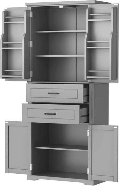 Tall Storage Cabinet, Bathroom Floor Freestanding Storage Cabinet with 2 Doors, Adjustable Shelf, and 2 Drawers for Bathroom, Office, Living Room, MDF Board, Grey