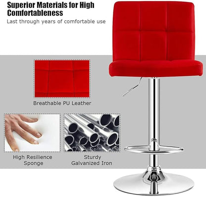 COSTWAY Bar Stools Set of 2, Modern Swivel Adjustable Height PU Leather Barstools with Back, Square Armless Counter Height 2-Pack Bar Chair for Kitchen Island Dining Living Bistro Pub Counter, Red
