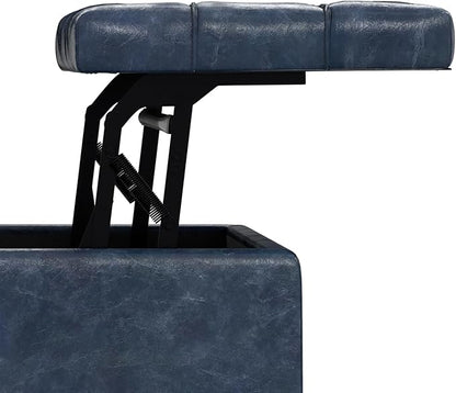 SIMPLIHOME Harrison 30 inch Wide Transitional Square Small Coffee Table Storage Ottoman in Denim Blue Vegan Faux Leather, Assembled, for The Living Room and Bedroom