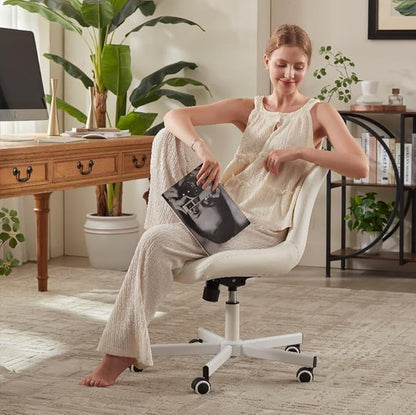 Armless Desk Chair, Morden Home Office Chair no Arms, Adjustable Height & Rocking Computer Chair, PU Leather Vanity Chair, Ergonomic Seat Soft Padded Desk Chairs for Home Small Space, White