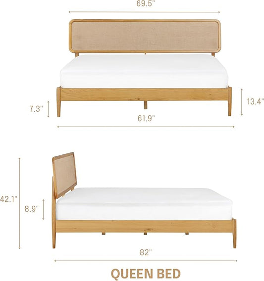 NTC Lupin Wooden Bed Frame with Headboard, Solid Oak and Rubber Wood Foundation with Silent Slats and Wood Central Supports, 1000 Lb Capacity, Effortless Assembly, Queen - Rustic Oak