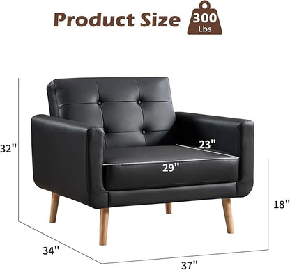 CANMOV 29" W Oversized Leather Accent Chair Set of 2, Armchair Button Back, Mid Century Modern Accent Chairs for Living Room, Modern Upholstered Bed Room Chair Cozy Armchair with Wood Legs, Black