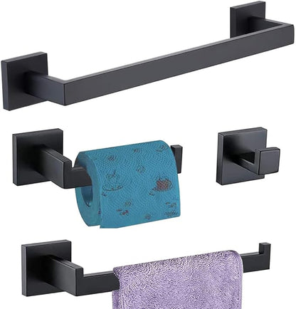Bathroom Hardware Set Bathroom Accessories Set SUS304 Towel Bar Set Includes Towel Bar Inch+Towel Holder+Toilet Paper Holder+Towel Hook (4, Matte Black)