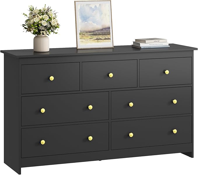 Black Dresser for Bedroom, 7 Drawer Dresser with Metal Handles, 55 Inch Wide Wood Chest for Living Room, Hallway