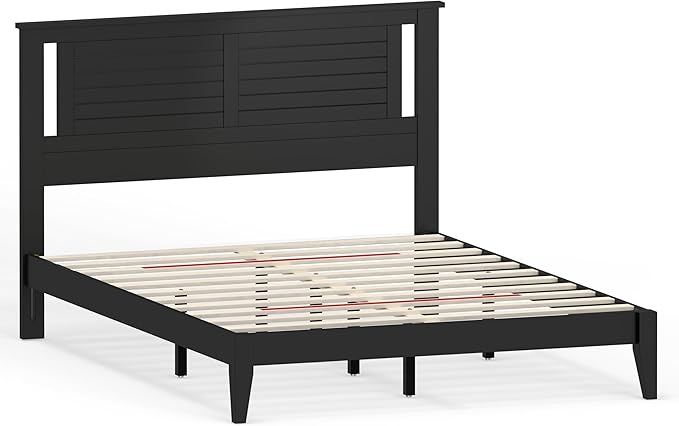 Serene Farmhouse Style Wood Bed in Queen Size with Horizontal Scoring Headboard, Coastal Modern Design, Sturdy, Easy Assembly, Ample Underbed Storage, Black Finish