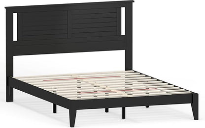 Serene Farmhouse Style Wood Bed in Queen Size with Horizontal Scoring Headboard, Coastal Modern Design, Sturdy, Easy Assembly, Ample Underbed Storage, Black Finish