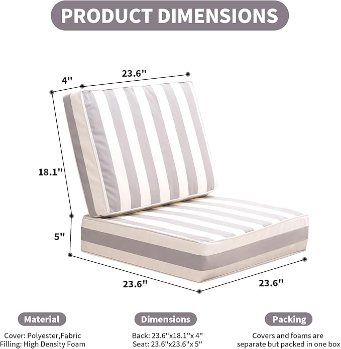 Outdoor Seat Cushions Set for Patio Furniture Thick Patio Cushion Set Weather-Resistant Cushions 23.6" W x 23.6" D x 5” T,Grey Stripes