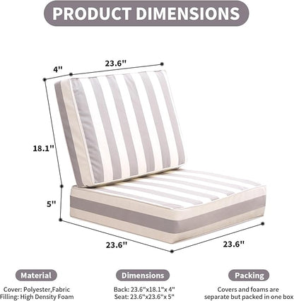 Outdoor Seat Cushions Set for Patio Furniture Thick Patio Cushion Set Weather-Resistant Cushions 23.6" W x 23.6" D x 5” T,Grey Stripes