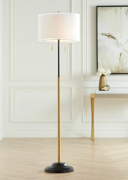 Possini Euro Design Roxie Modern Glam Floor Standing Lamp 65.5" Tall Sleek Brass Black Metal Double Layer Linen and Sheer Drum Shade Decor for Living Room Reading House Bedroom Home