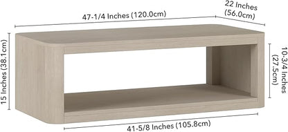 Henn&Hart 47" Rectangular Low-Profile Coffee Table with Open Storage Shelf for Living Room, Family Room, or Office, Alder White