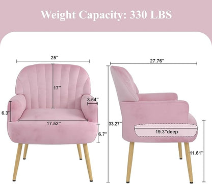 Velvet Accent Chair, Upholstered Modern Leisure Single Sofa Side Chair, Comfy Tufted Back Armchair with Metal Legs for Living Room/Bedroom/Office/Reading Room, Pink