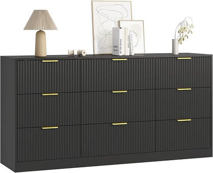 9 Drawer Dresser for Bedroom with Deep Drawers, 63" Wide Wood Dresser, Large Floor Chest of Drawers, Modern Long TV Stand, Storage Cabinet Side Table, Black