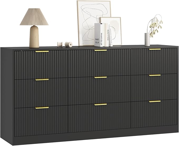 3-Piece Modern Bedroom Furniture Set, Wide 9-Drawer Dresser & 2-Drawer Nightstands Set of 2, Natural Wood Dresser and Nightstand Sets for Bedroom, Hallway, Black