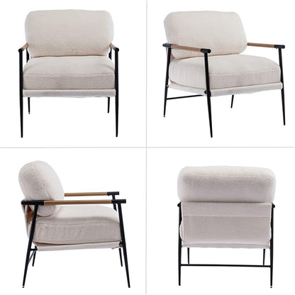 HEAH-YO Modern Accent Chair Set of 1, Upholstered Lambwool Living Room Chair with Backrests, Comfy Reading Armchair for Bedroom, White