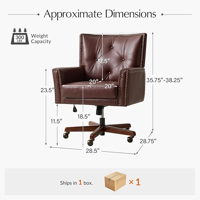 HULALA HOME Modern Home Office Chair with Tilt Lock & Metal Base, Desk Chair with 360° Swivel & Tilt Function, Height Adjustable, Wide Seat Computer Task Chair with Wheels & Padded Cushion, Brown